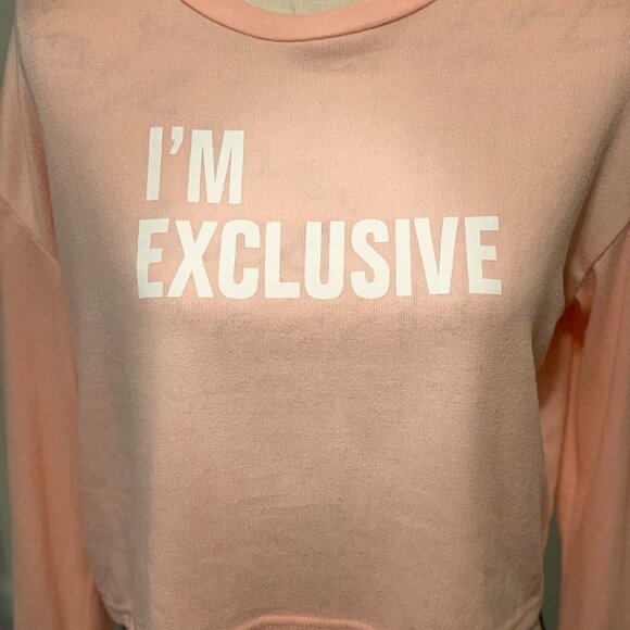 Women's/Junior's Long-Sleeved Pink Pajama Crop Top that says "I'm Exclusive" - Picture 2 of 3